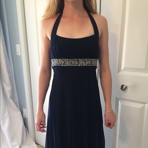 Navy blue flowy chiffon halter dress